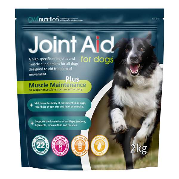 A package of Gwf Nutrition Joint Aid 2kg for Dogs, showing a graphic of a dog on the front and product details.
