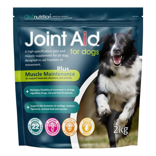 A package of Gwf Nutrition Joint Aid 2kg for Dogs, showing a graphic of a dog on the front and product details.