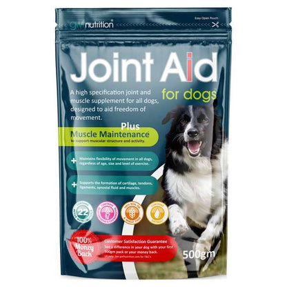 A package of Gwf Nutrition Joint Aid for Dogs, showing a graphic of a dog on the front and product details.