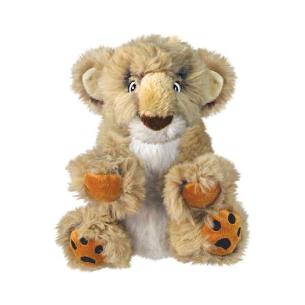 A plush lion dog toy with a squeaker, made of soft fabric, in brown and white colors with a beige belly and orange paw pads.