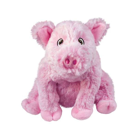 A plush pink pig toy with a bellow squeaker, designed for dogs.