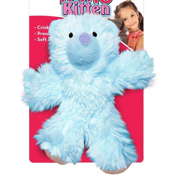 A blue plush teddy bear cat toy is displayed in front of a red background. The toy appears soft and fluffy with a visible crinkly texture.