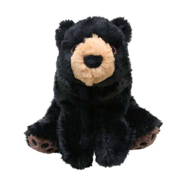 A plush toy resembling a black bear with a brown nose and paws, designed for cuddle time and indoor play.