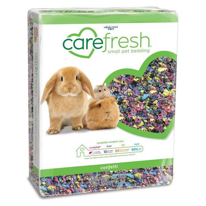 Packaging of Carefresh Small Animal Bedding with confetti pattern showing a rabbit and a hamster on the front.