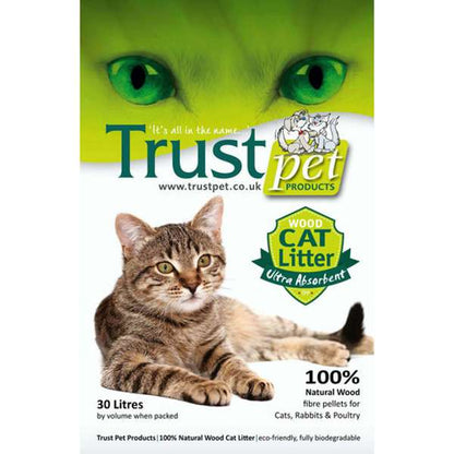 A bag of Trust Wood Pellet Cat Litter with a picture of a cat on the front.