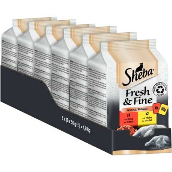 Sheba Fresh & Fine Cat Pouches With Beef & Chicken In Gravy 6 x 50g (Pack of 8)