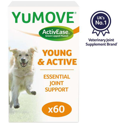 Packaging for YuMOVE Joint Care for Young Dogs with a green and orange color scheme, featuring an image of a young, active dog and the text 'Essential Joint Support x60'.