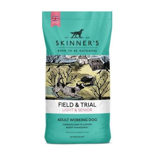 A bag of Skinner's Field & Trial Light & Senior dog food with a graphic of a dog and landscape.