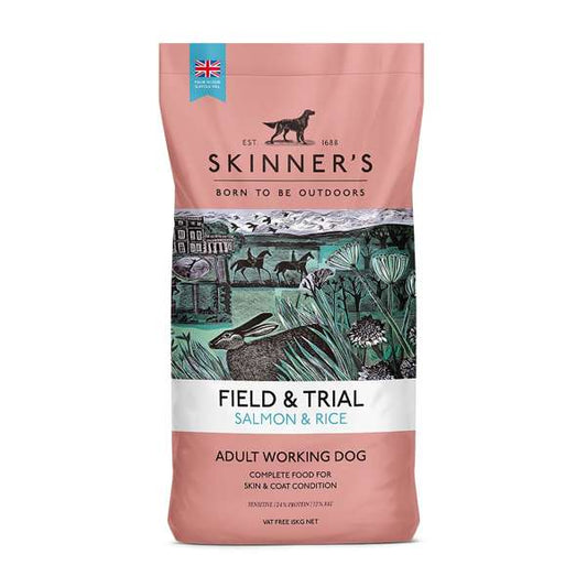 A bag of Skinner's Field & Trial Salmon & Rice dog food with a graphic of a dog and landscape.