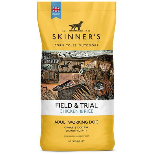 A bag of Skinners Field & Trial Adult Chicken & Rice dog food with a graphic depicting dogs engaging in outdoor activities.