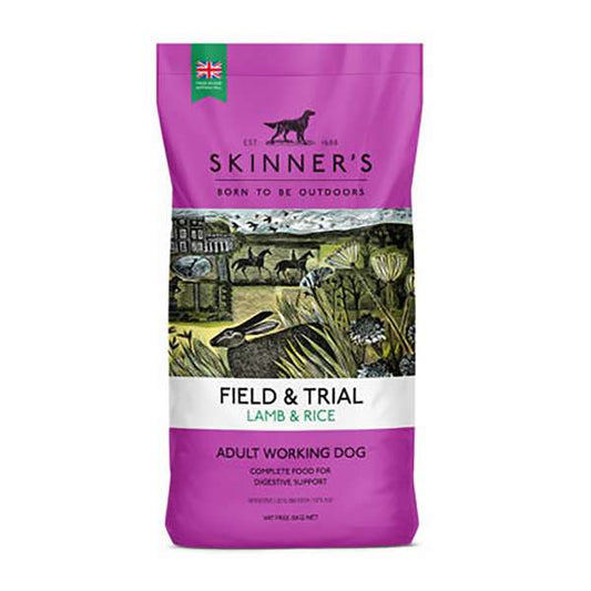 A bag of Skinner's Field & Trial Adult Lamb & Rice dog food with a purple label, featuring an illustration of a dog and landscape.