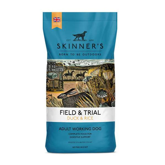 A bag of Skinner's Field & Trial Duck & Rice dog food with a picture of a dog and landscape on the front.