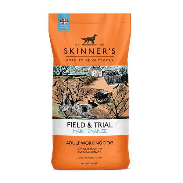 A bag of Skinner's Field & Trial Maintenance dog food with an illustration of dogs and countryside on the packaging.