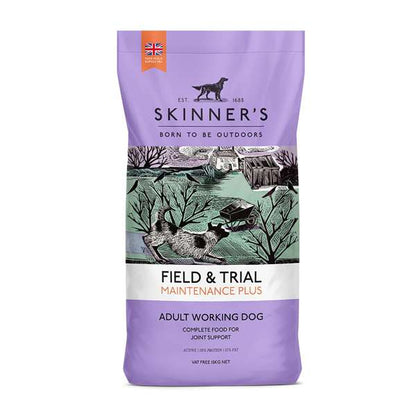 A bag of Skinners Field & Trial Maintenance Plus dog food featuring an illustration of dogs engaging in outdoor activities such as hunting, set against a landscape backdrop.
