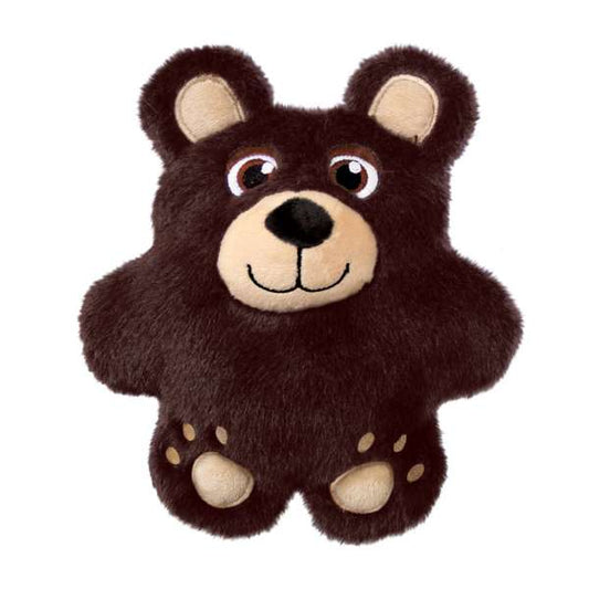 A plush brown bear toy with a flat shape and visible squeaker.