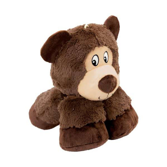 A plush brown bear dog toy with stretchy legs and a squeaker, designed for tug-of-war games and cuddling.